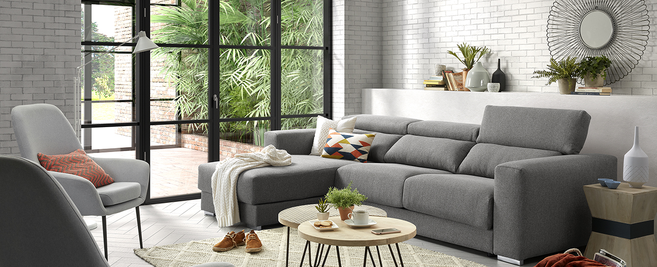 Sofa binari deslizante 3 plazas chaise longue tela gris