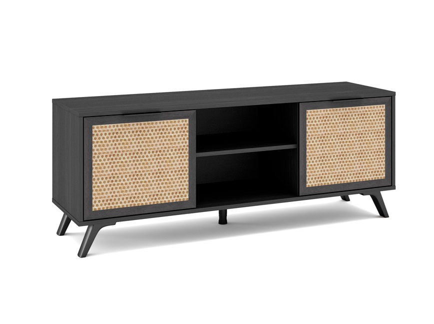 Mueble TV acacia negro ratan trenzado 136 cm