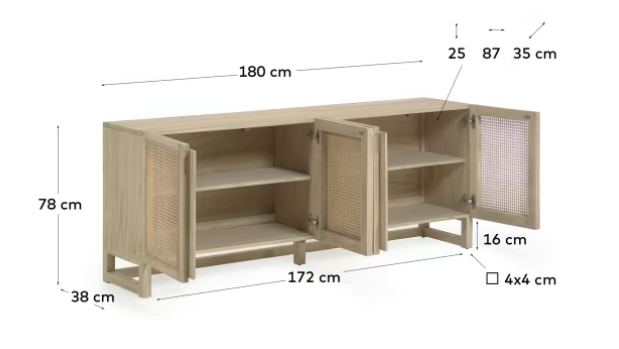 Aparador Mareti madera maciza y chapa mindi con ratán 180x70cm