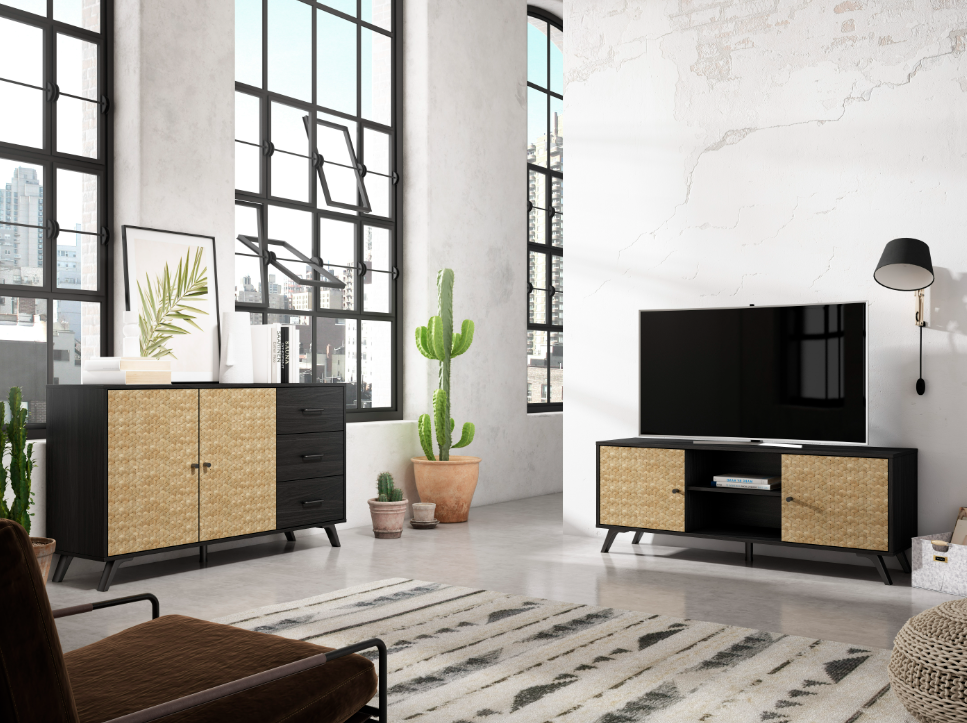 Mueble TV Hanoi bocamina negro y serigrafia 136x40cm