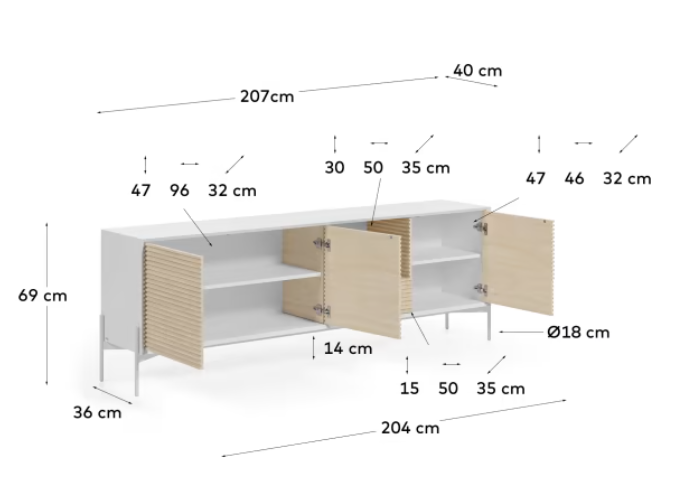 Aparador Aurora chapa de fresno y lacado blanco 207x69 cm