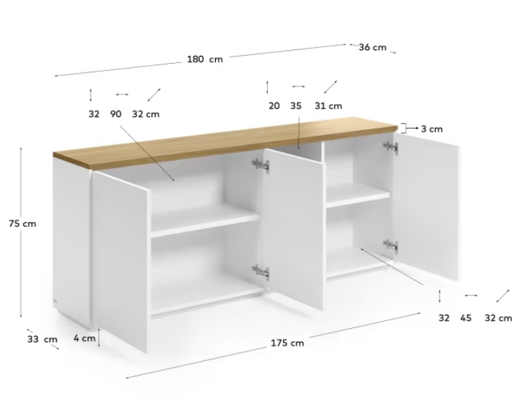 Aparador Mascate chapa roble lacado blanco 180x75 cm