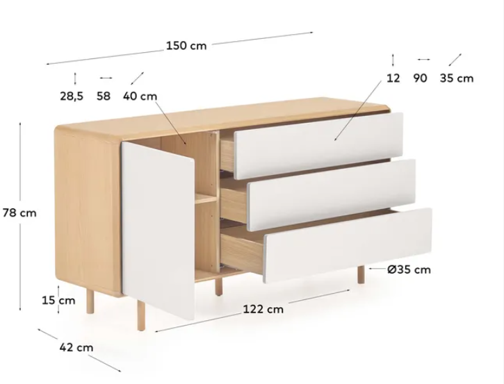 Aparador Pafos madera maciza y chapa de fresno 150x78 cm