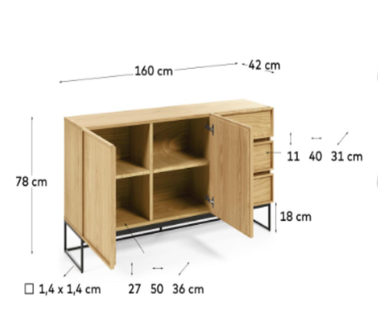 Aparador 3 cajones y 2 puerta Tanzania roble 160x42cm