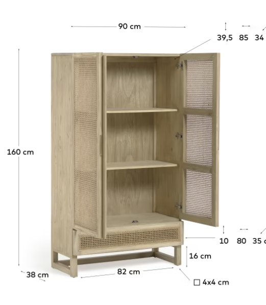 Armario Mareti madera maciza y chapa mindi con ratán 90x160cm