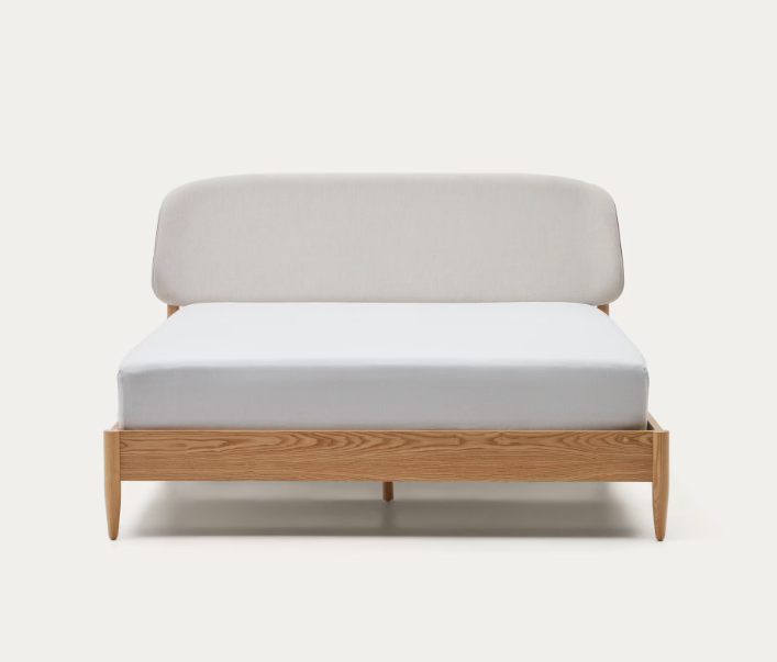 Cama Belen madera de fresno y cabecero tapizado blanco 160x200 cm