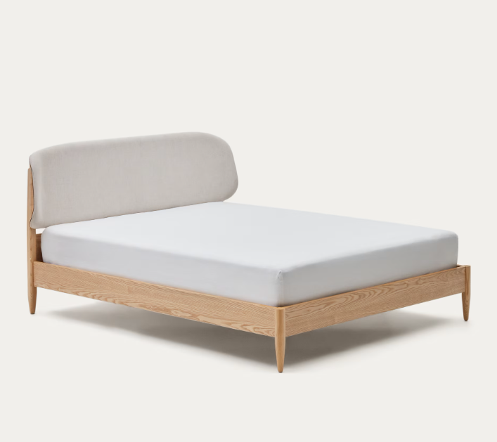 Cama Belen madera de fresno y cabecero tapizado blanco 160x200 cm