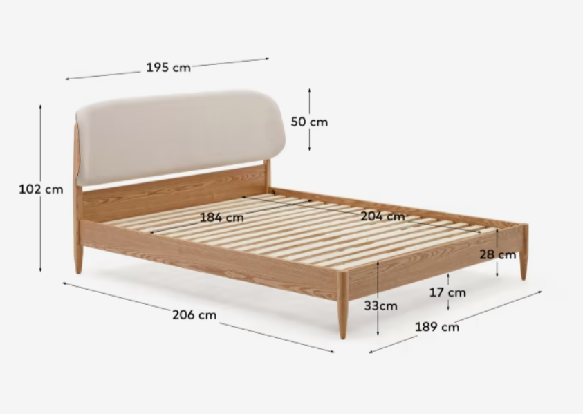 Cama Belen madera de fresno y cabecero tapizado blanco 180x200 cm