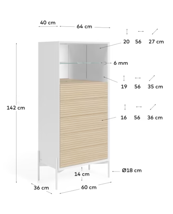 Cómoda Aurora chapa de fresno y lacado blanco 64x142 cm