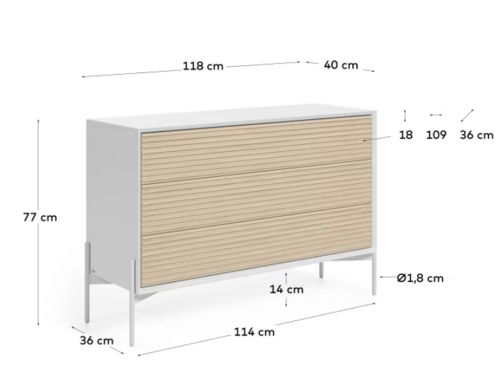 Cómoda Aurora chapa de fresno y lacado blanco 116x76 cm