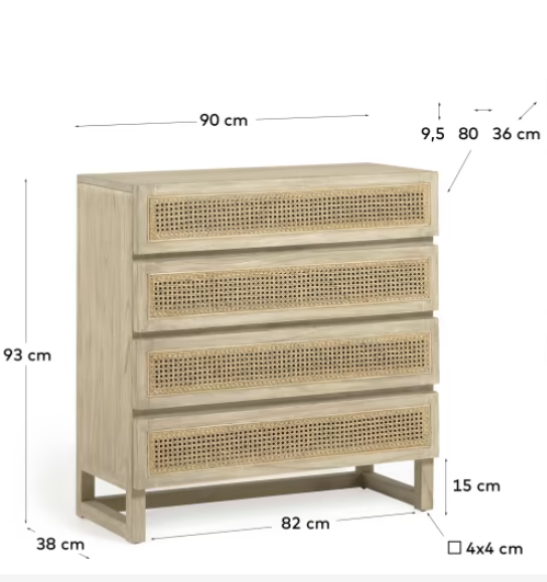 Cómoda Mareti madera maciza y chapa mindi con ratán 90x93cm