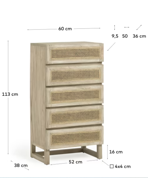 Cómoda Mareti madera maciza y chapa mindi con ratán 60x113cm