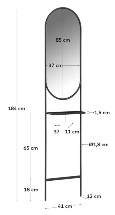 Espejo con estante Lira de acero negro 41x184 cm