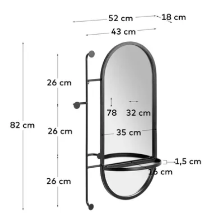 Espejo con colgadores Lira de acero negro 52x82 cm