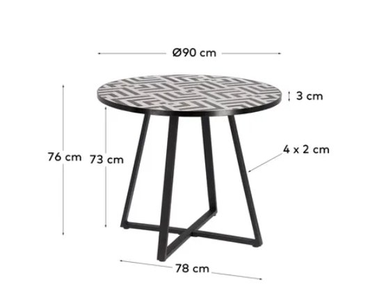 Mesa Mosaica cerámico blanco y negro patas acero acabado negro 90 cm