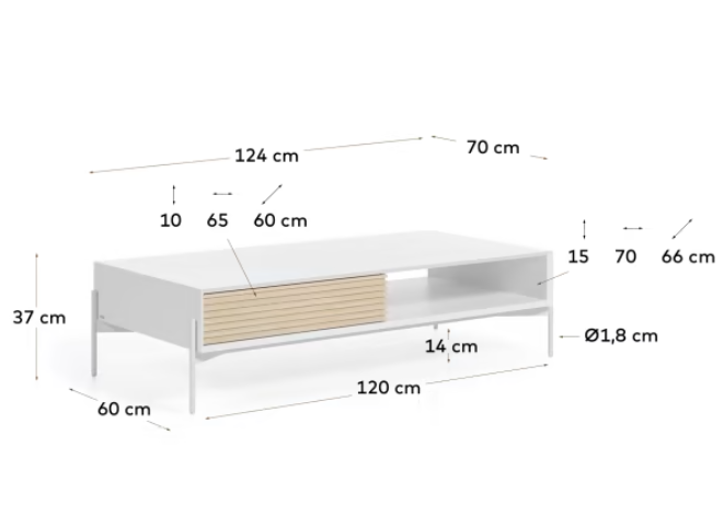 Mesa de centro Aurora chapa de fresno y lacado blanco 124x70 cm