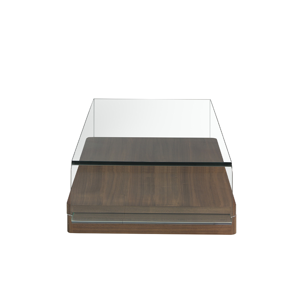 Mesa centro cristal templado curvado y madera nogal