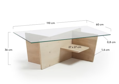 Mesa centro Andana cristal y madera maciza de roble 110x60cm