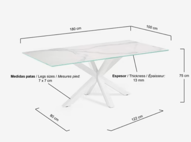 Mesa Ikon new porcelanico mármol patas de acero blanco 180x100