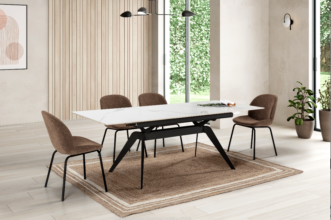 Mesa extensible Lula ceramica blanca pie metal negro 160-220x90cm