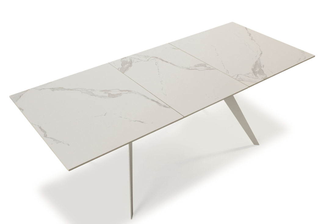 Mesa extensible Lula ceramica blanca pie metal blanco 160-220x90cm