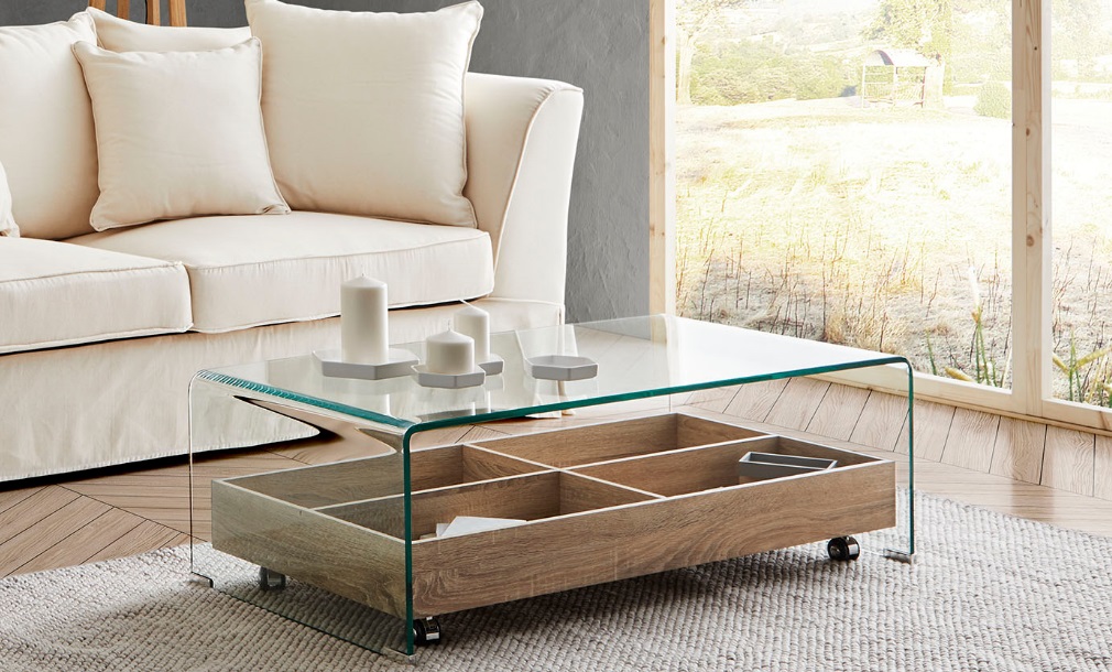 Mesa de centro cristal bandeja roble CT-227