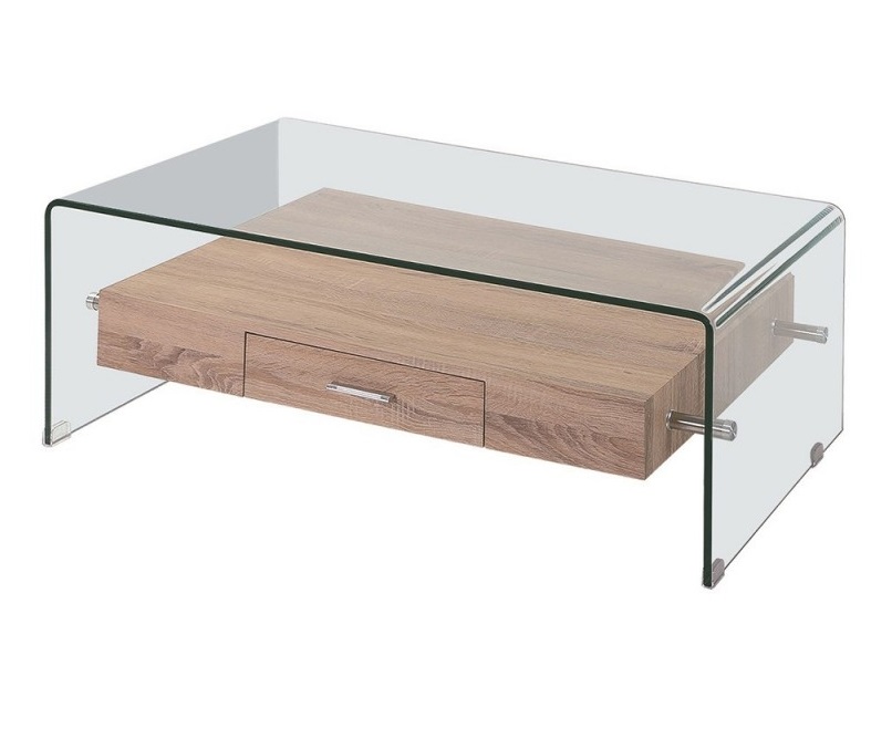 Mesa de centro cristal transparente cajon roble 110x55