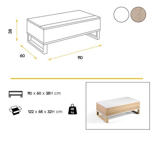 Mesa de centro elevable blanco brillo roble 110x60