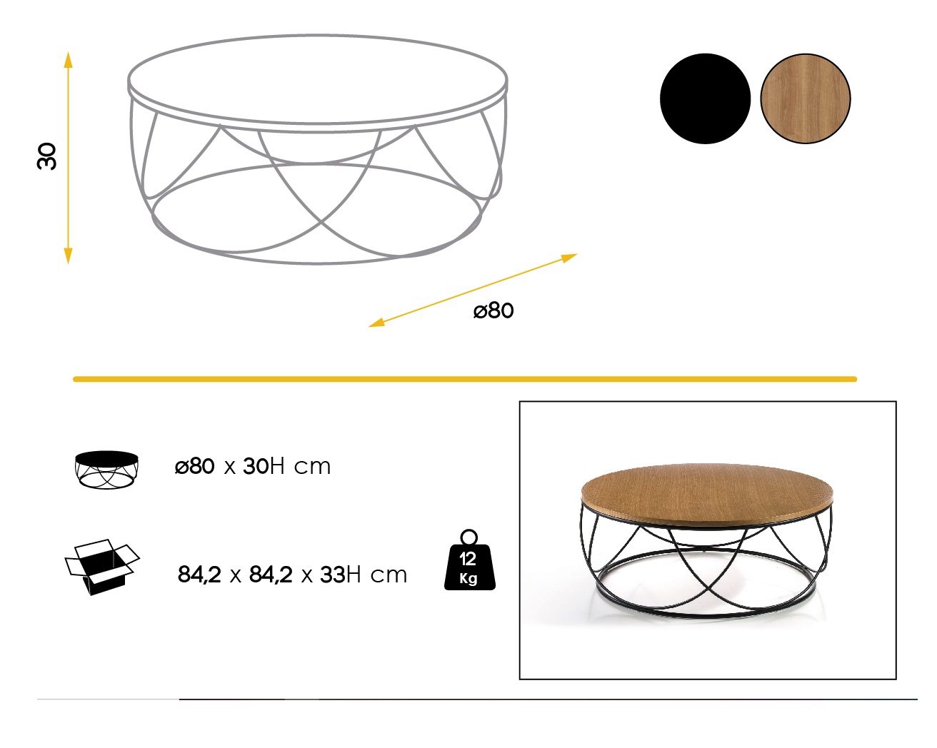 Mesa de centro Aura roble acero negro 80 cm