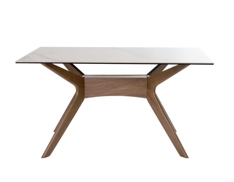 Mesa Adeline porcelánico marmol creta patas de madera en nogal 140x90cm