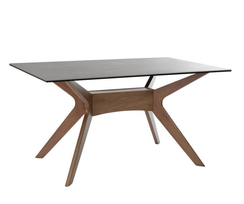 Mesa Adeline porcelánico gris patas de madera en nogal 140x90cm