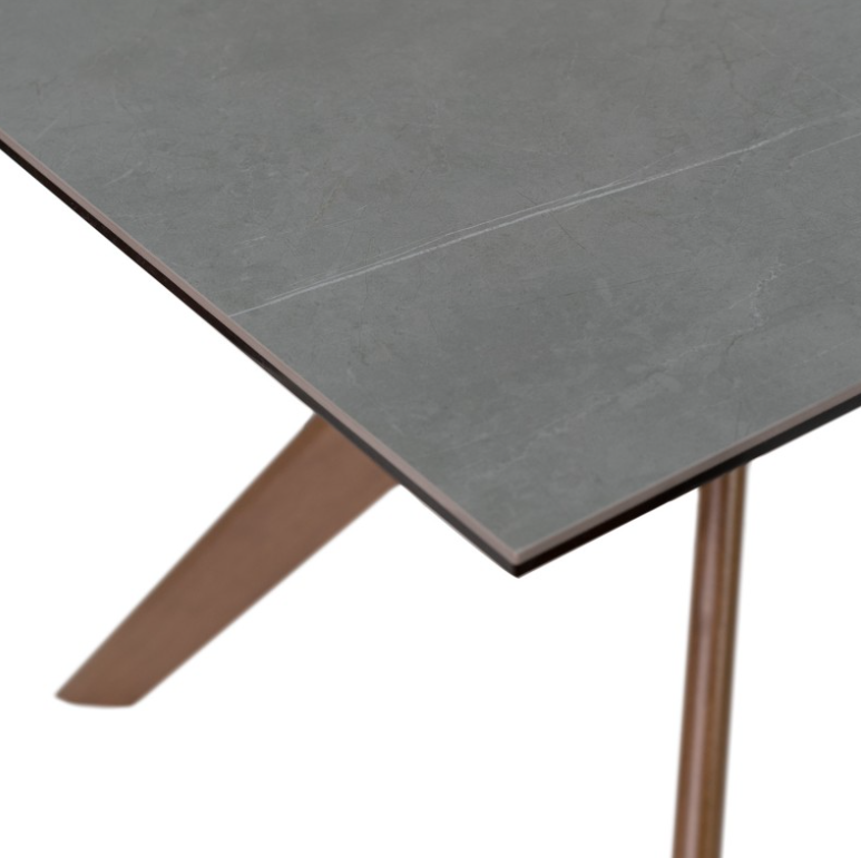 Mesa Adeline porcelánico gris patas de madera en nogal 140x90cm