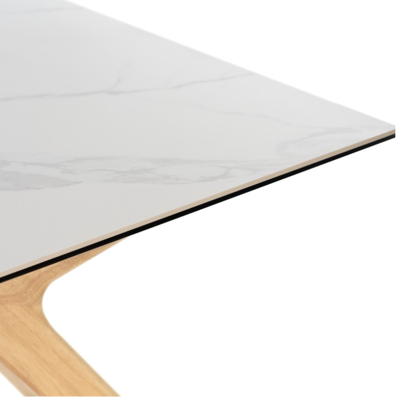 Mesa Eloise porcelánico marmol creta patas de madera en roble 160x90cm