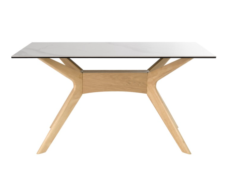 Mesa Adeline porcelánico marmol creta patas de madera en roble 140x90cm