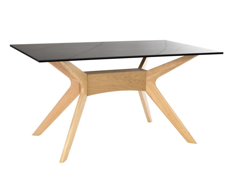 Mesa Eloise porcelánico negro patas de madera en roble 160x90cm