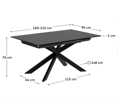 Mesa extensible Patagonia porcelánico y patas de acero negro 160-210x90cm