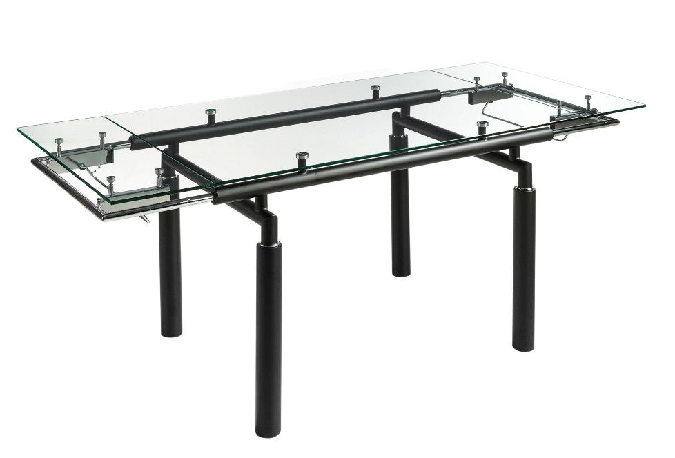 Mesa Helios extensible cristal acero negro 140-200 x 90