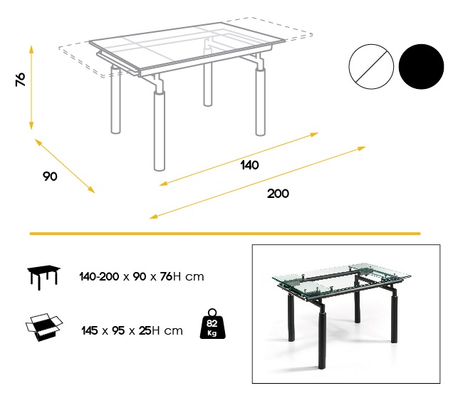 Mesa Helios extensible cristal acero negro 140-200 x 90