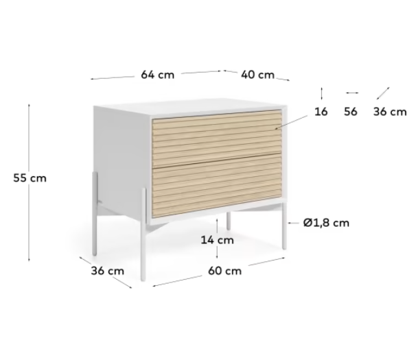 Mesita de noche Aurora chapa de fresno y lacado blanco 64x55 cm