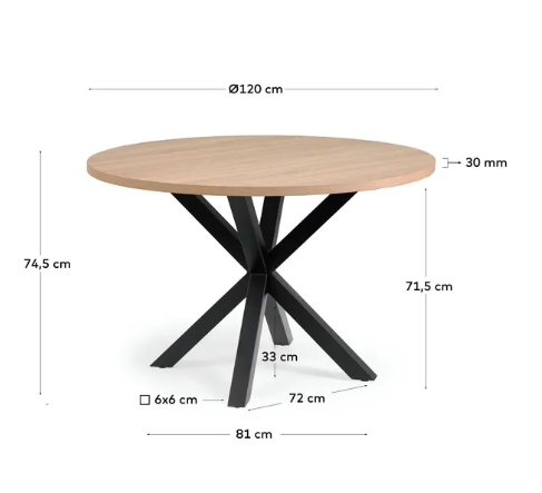 Mesa redonda acabado natural patas de acero negro 120cm