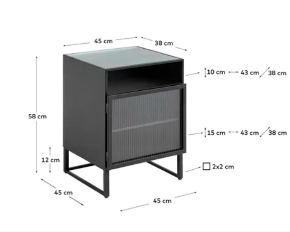 Mesita de noche Opium acero negro y cristal templado 45x58cm
