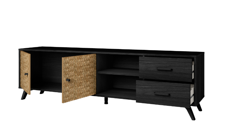 Mueble TV Hanoi bocamina negro y serigrafia 180x40cm