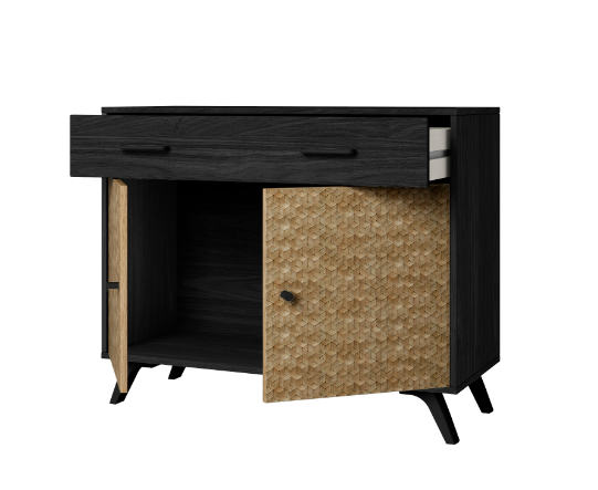 Mueble auxiliar Hanoi bocamina negro y serigrafia 91x40cm