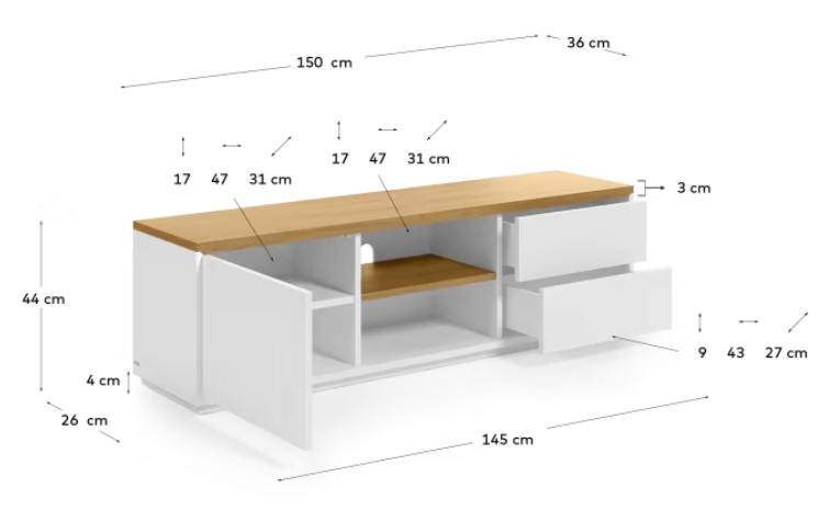 Mueble TV Mascate chapa roble lacado blanco 150x44 cm