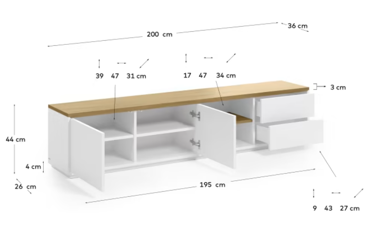 Mueble TV Mascate chapa roble lacado blanco 200x44 cm