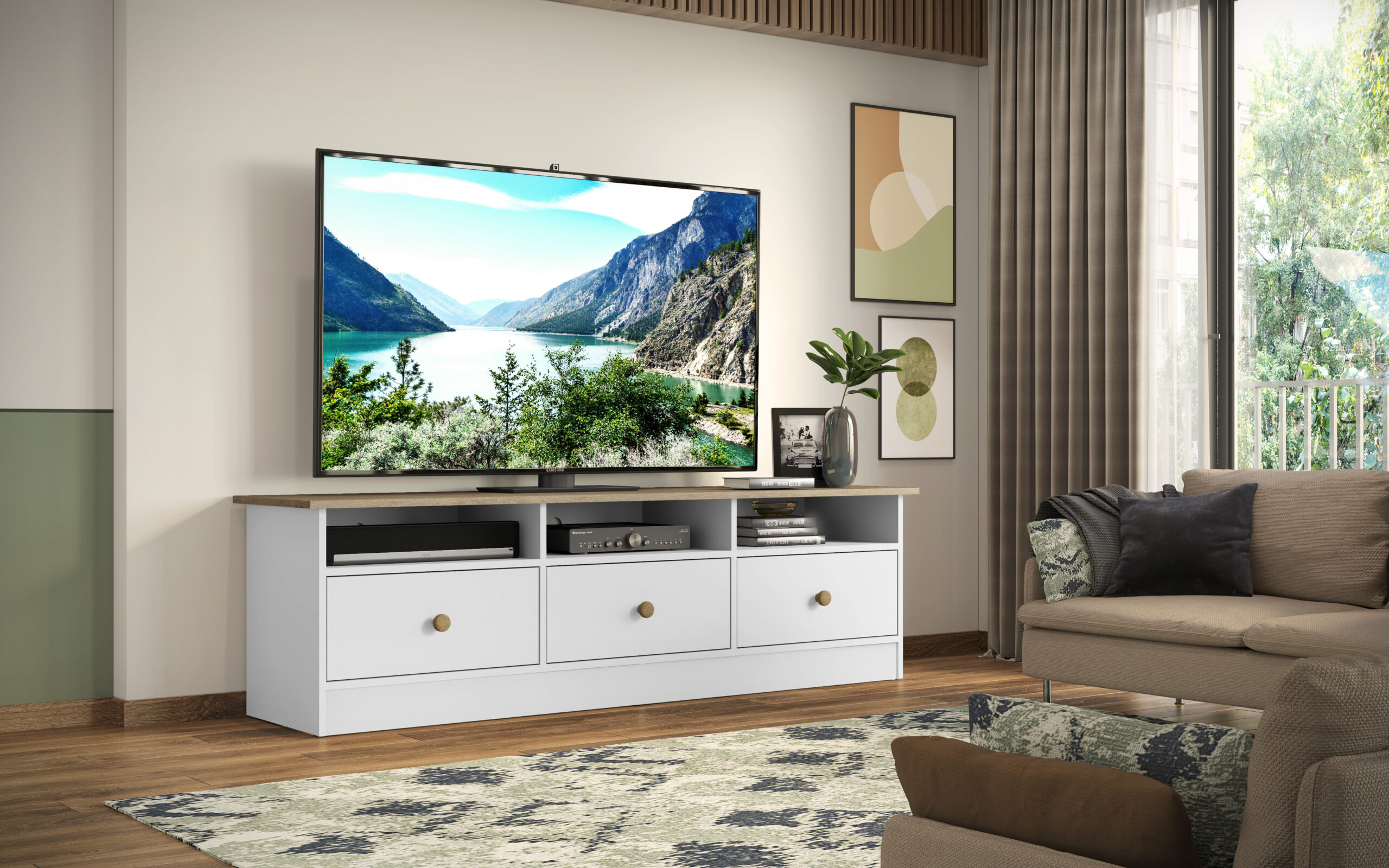 Mueble Tv Bélgica blanco 3 cajones 154x66x47cm