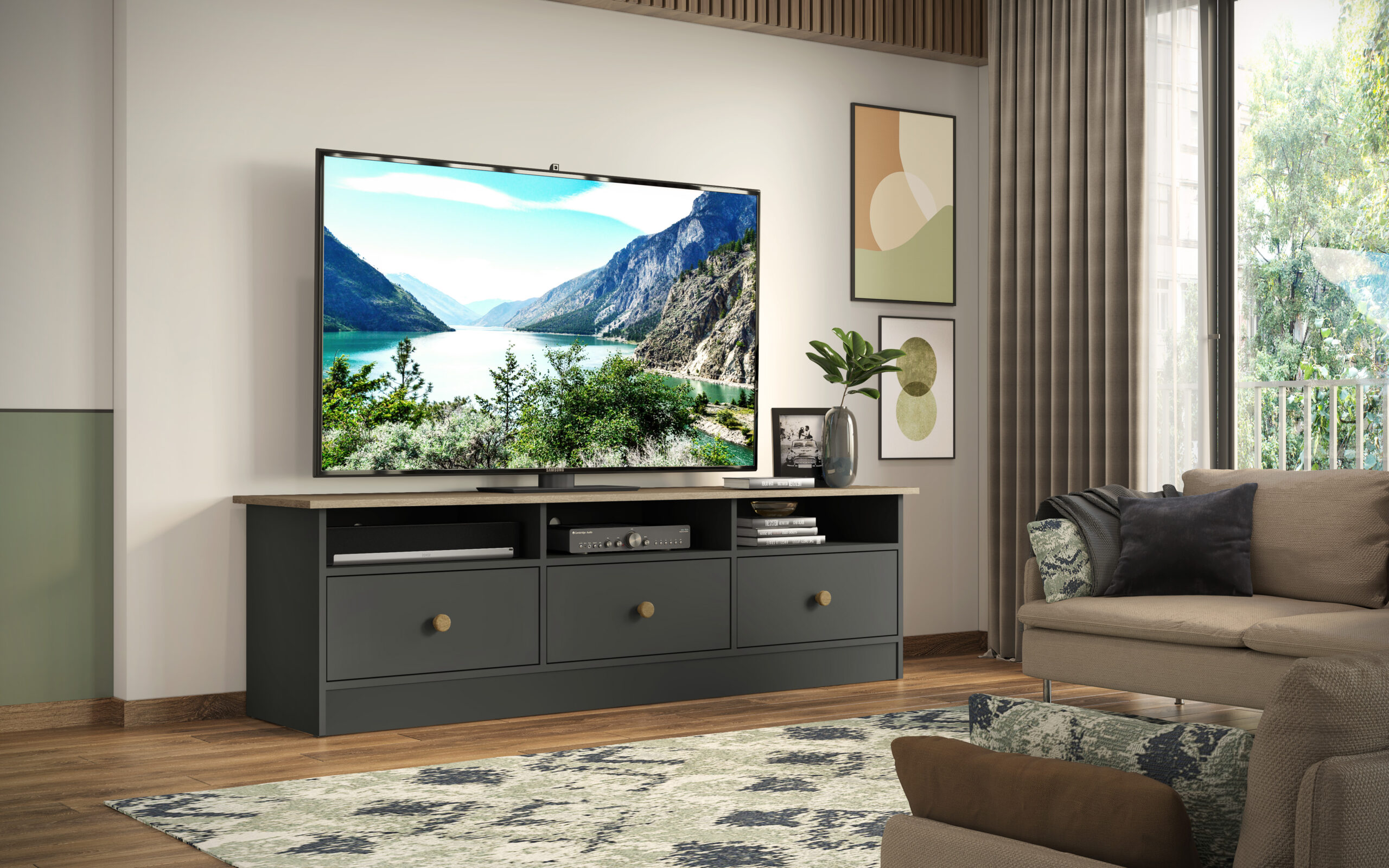 Mueble Tv Bélgica gris 3 cajones 154x66x47cm