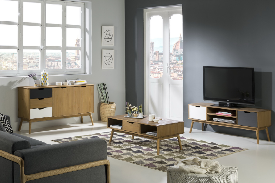 Mueble TV nordico Cusco pino natural gris blanco 140x40 cm