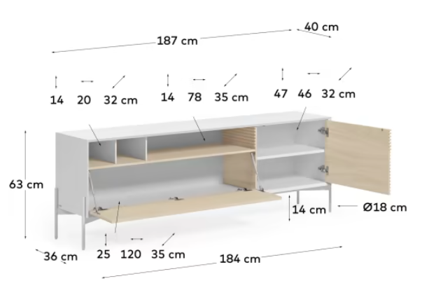 Mueble TV Aurora chapa de fresno y lacado blanco 187x63 cm