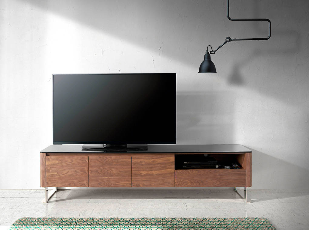 Mueble TV madera de nogal y tapa cristal templado negro 200cm